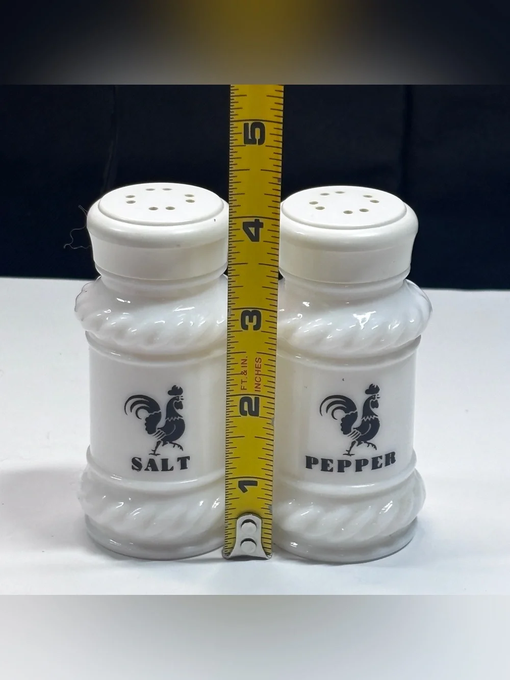 Vintage HAZEL ATLAS Milk Glass Salt Pepper Shaker Set Black Rooster